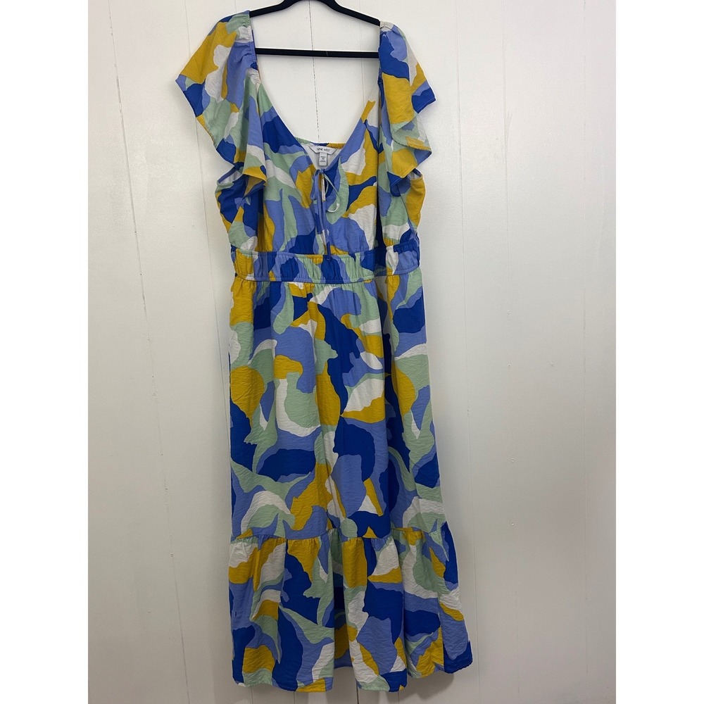 Nine West Womens Plus 3X Abstract Print Tiered Maxi Dress Blue Yellow Flutter